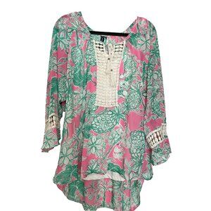 Casey Key Tunic Colorful Top‎ 2X Hot Pink Green Crochet under tank Beach flowy